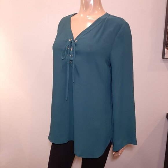 3/$20 George Boho Tunic Blouse Long Flare Sleeves Lace Up Vneck Teal - Picture 3 of 10